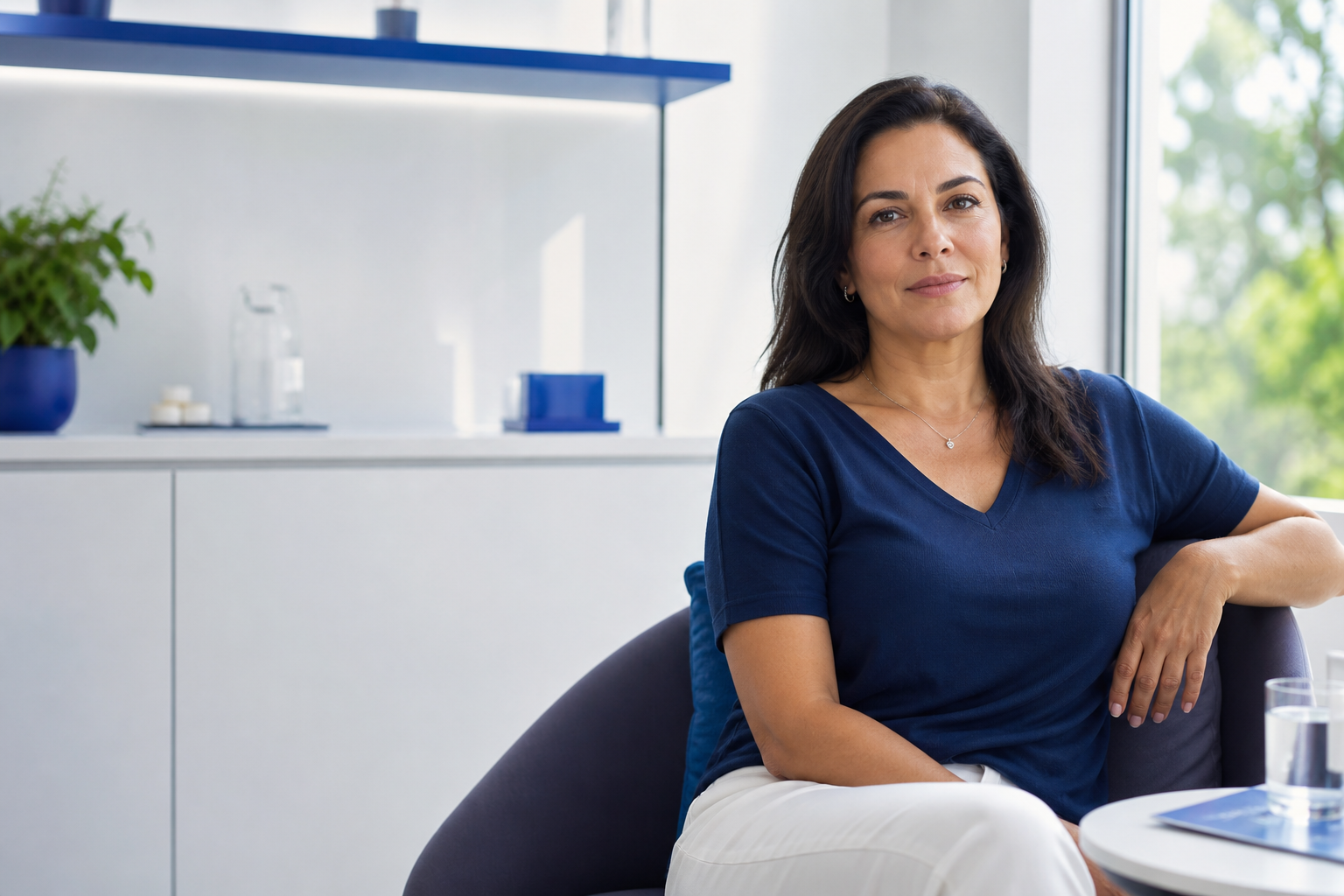 Mulher adulta em um ambiente claro de cuidado e bem-estar
