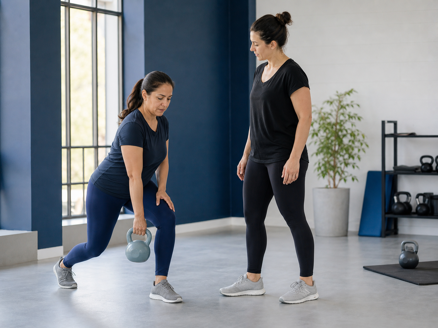 Mulher realizando exercício de força com acompanhamento profissional