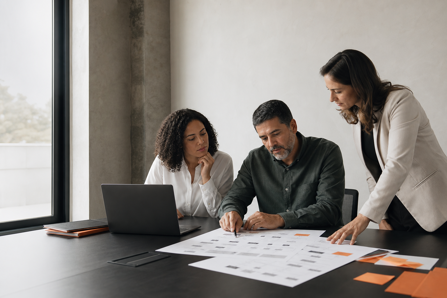 Três lideranças empresariais analisando um mapa de processos